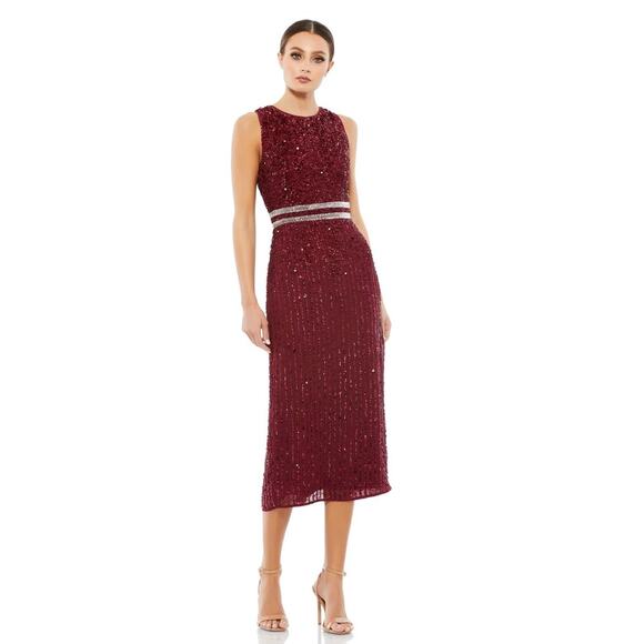 MAC DUGGAL 10509 Sleeveless High Neck Beaded Sheath Midi Dress Burgundy 2 NEW - Picture 2 of 9